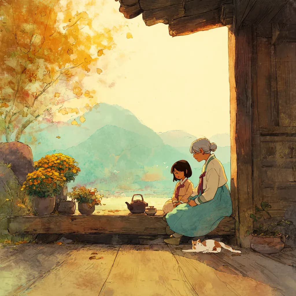 따뜻한 돌봄 - 한국 전통 마루에서 어르신과 함께하는 평온한 오후